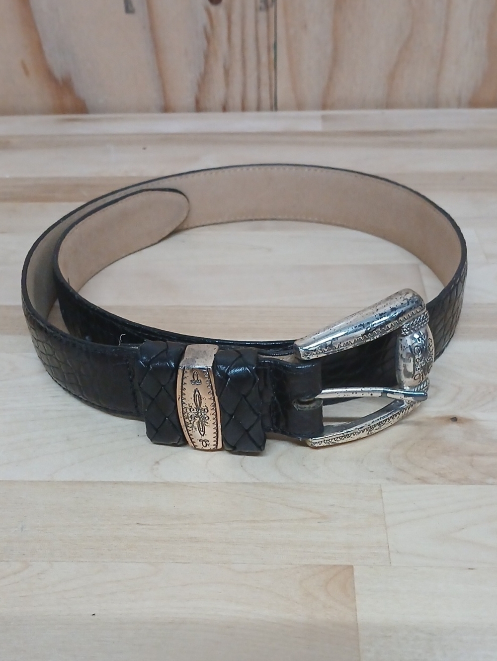 Brighton Vintage Black Braided Leather Belt with Decorative Buckle Size Small